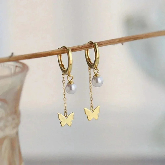 925 Sterling Silver Dangle Butterfly Pearl Huggie Earrings Gold - Picture 1 of 5